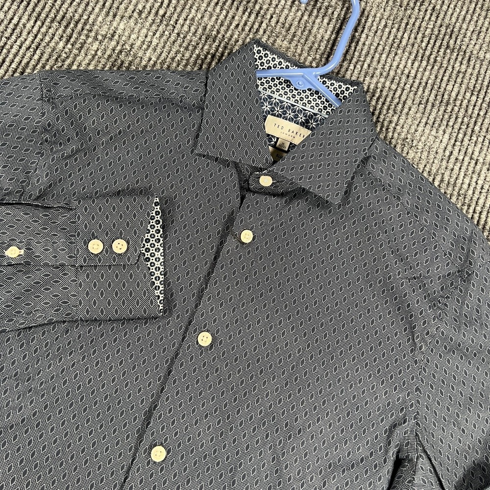 Ted Baker Shirt Mens 15 Blue Geometric Long Sleeve Button Up Slim Fit Dress